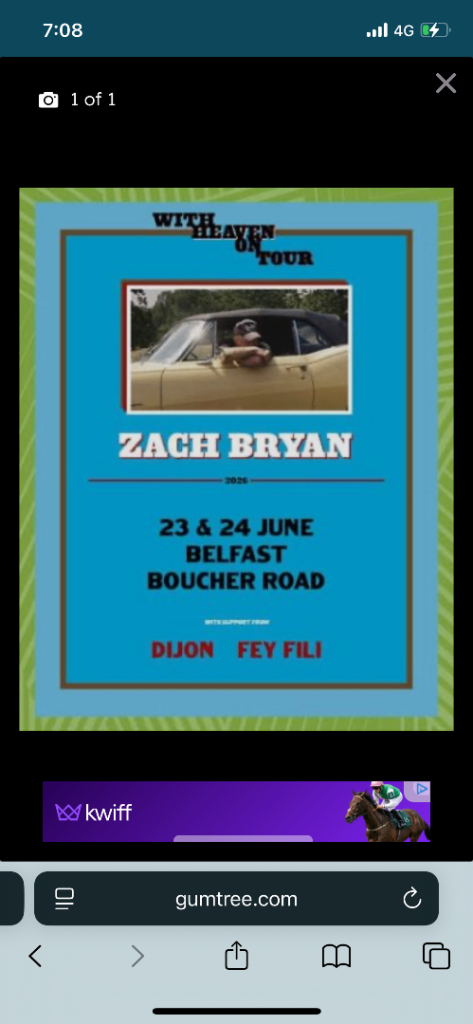 1 x Zach Bryan Concert Ticket - Belfast June 24