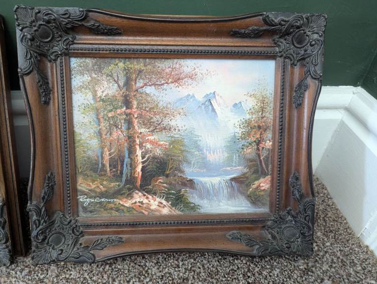 Vintage Framed Landscape Painting – Waterfall Scene