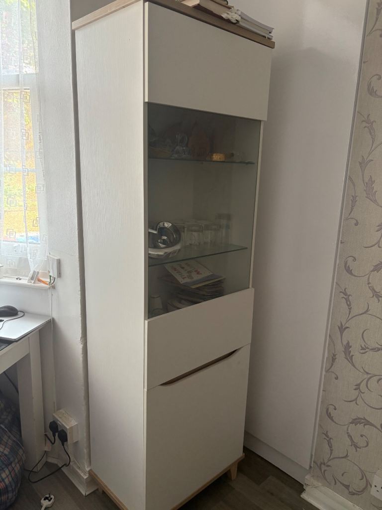 Modern White Display Cabinet with Glass Shelves & Storage Cupboards