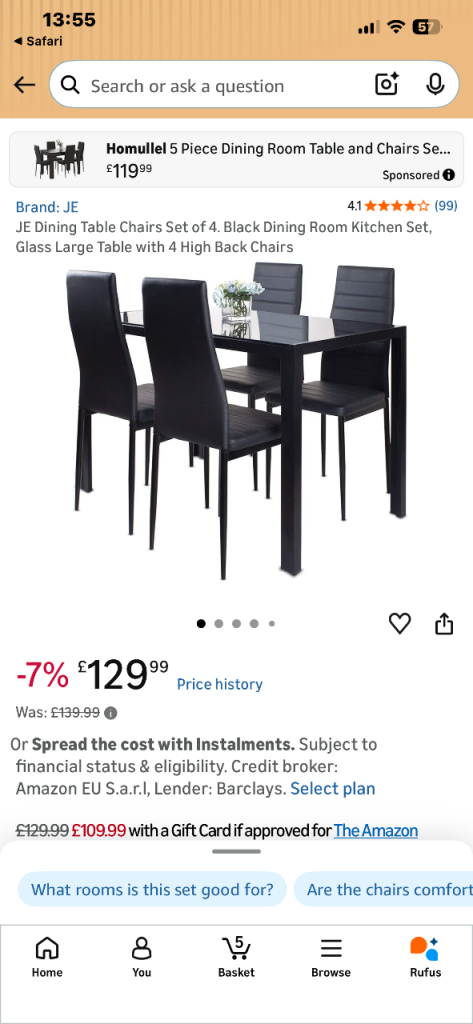 JE Black Dining Table & 6 High Back Chairs Set