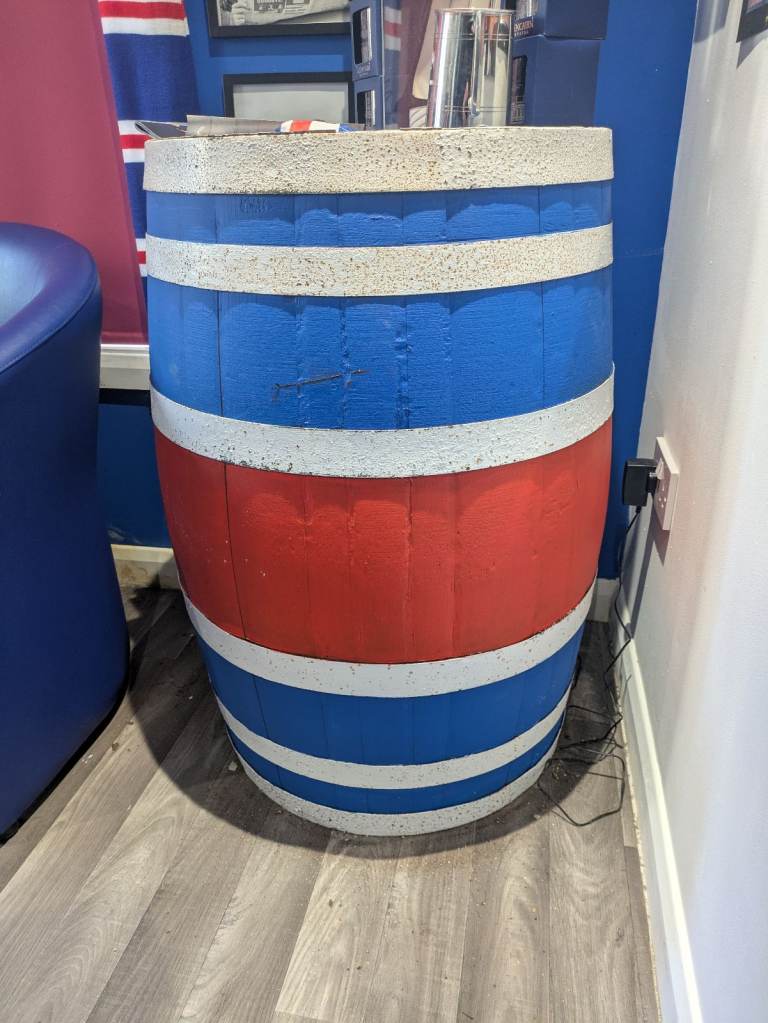 Rangers FC inspired whiskey barrel 