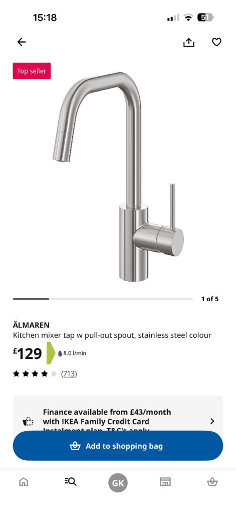IKEA Almaren Kitchen Mixer Tap with Pull-Out Spout