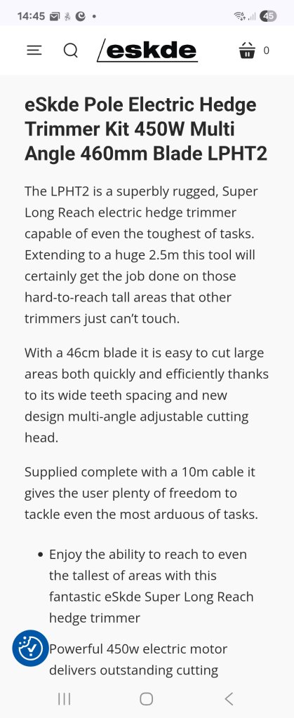 eSkde LPHT2 Pole Electric Hedge Trimmer – Multi Angle 450W