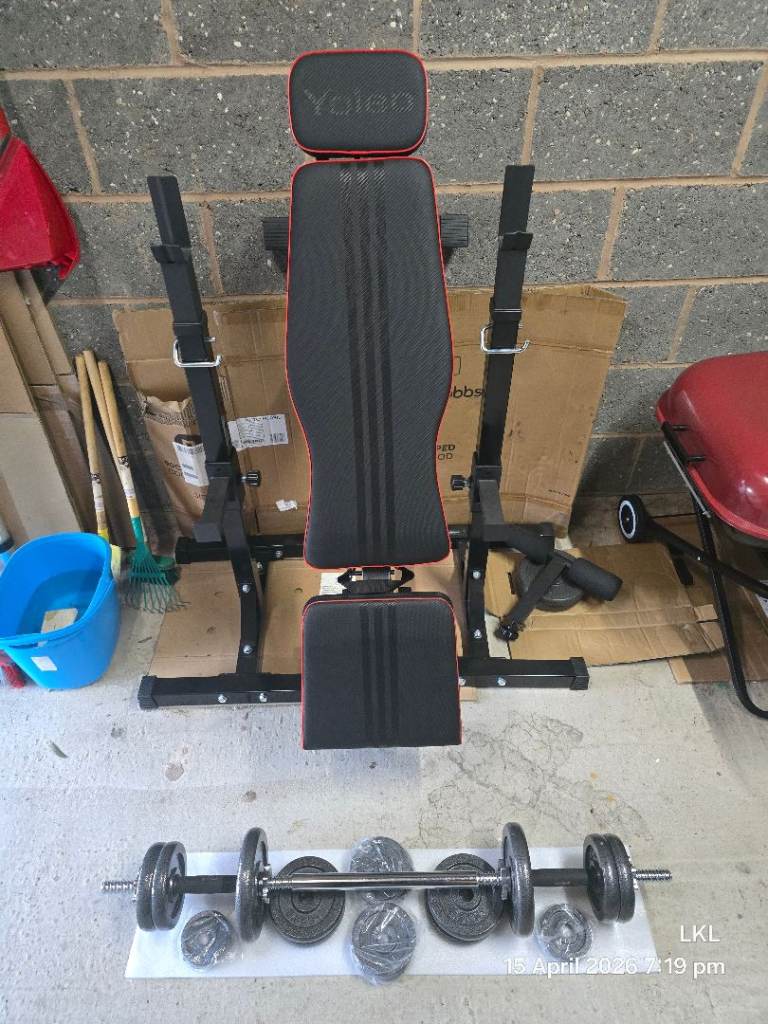Bench, stands and 50kg iron weights 