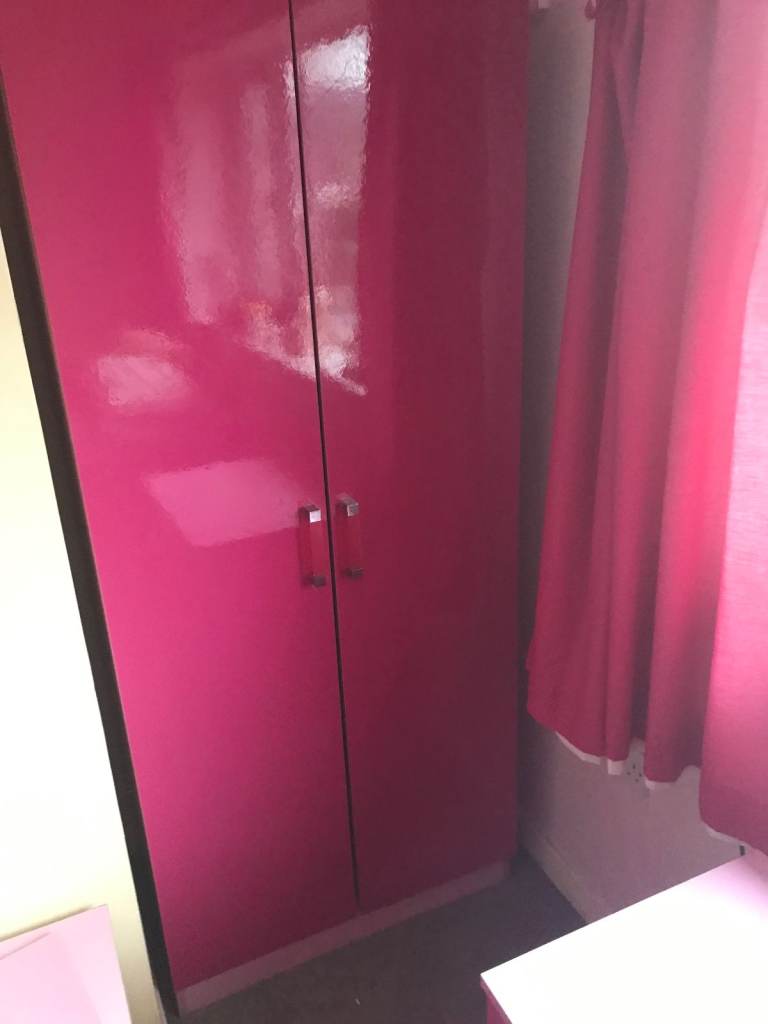 Double wardrobe, pink/red in high gloss/patent finish, good condition.