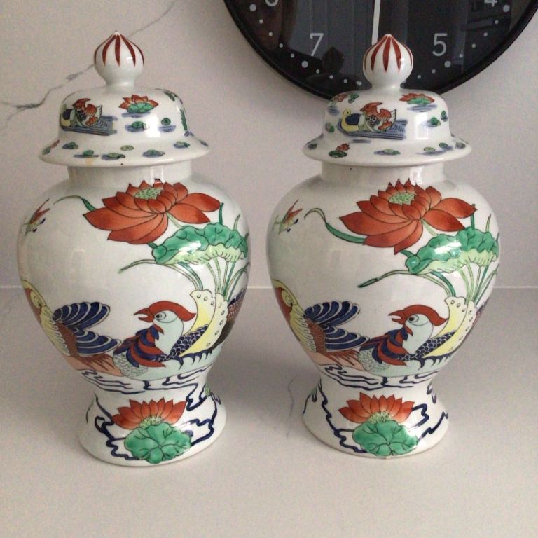 LARGE PAIR OF VINTAGE HAND PAINTED PORCELAIN CHINESE VASES *COLLECTION ONLY *