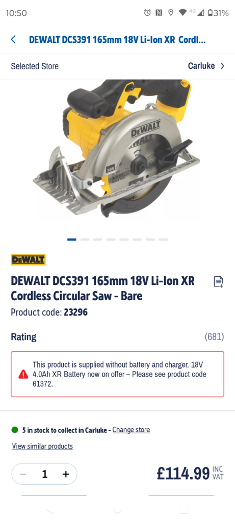 DeWalt Cordless Circular Saw 165mm with 18v 4.0Ah Battery