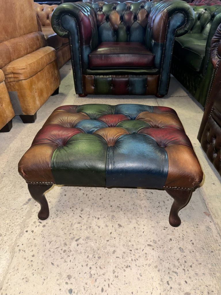 Chesterfield harlequin patchwork real leather footstool