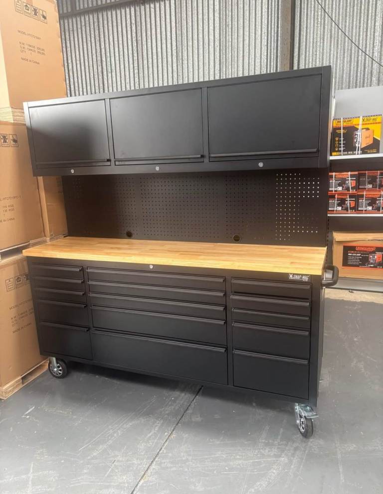 72" Wide 15 Drawer Tool Box Chest With Upper Cabinets Wooden Work Bench