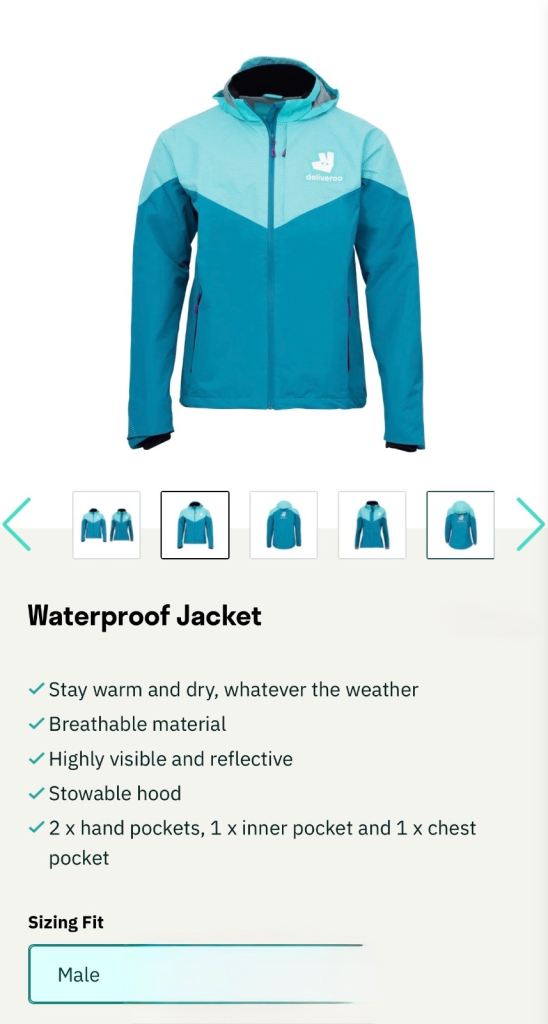 Brand new Deliveroo Waterproof Jacket - New, Blue, Male Fit