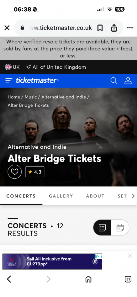 Alter Bridge ticket for Dunfermline Gig
