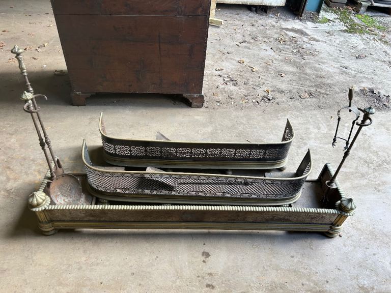 3 Antique Brass & Steel Fireplace Fenders / Guards + Victorian Fire Irons – Country House