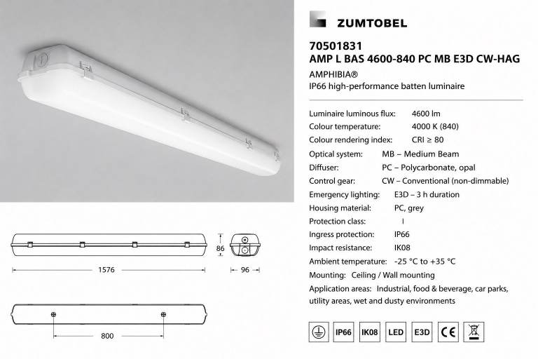 Zumtobel AMPHIBIA LED Waterproof Batten Light, 4600lm, 4000K, IP66, Emergency (9 available)