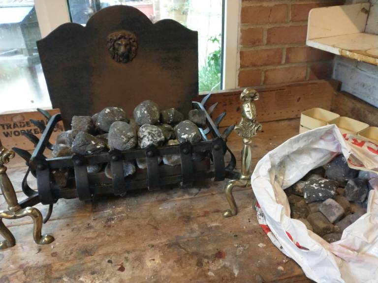 Real coal effect gas fire, fire basket, fire back, brackets, cast iron with brass finish.