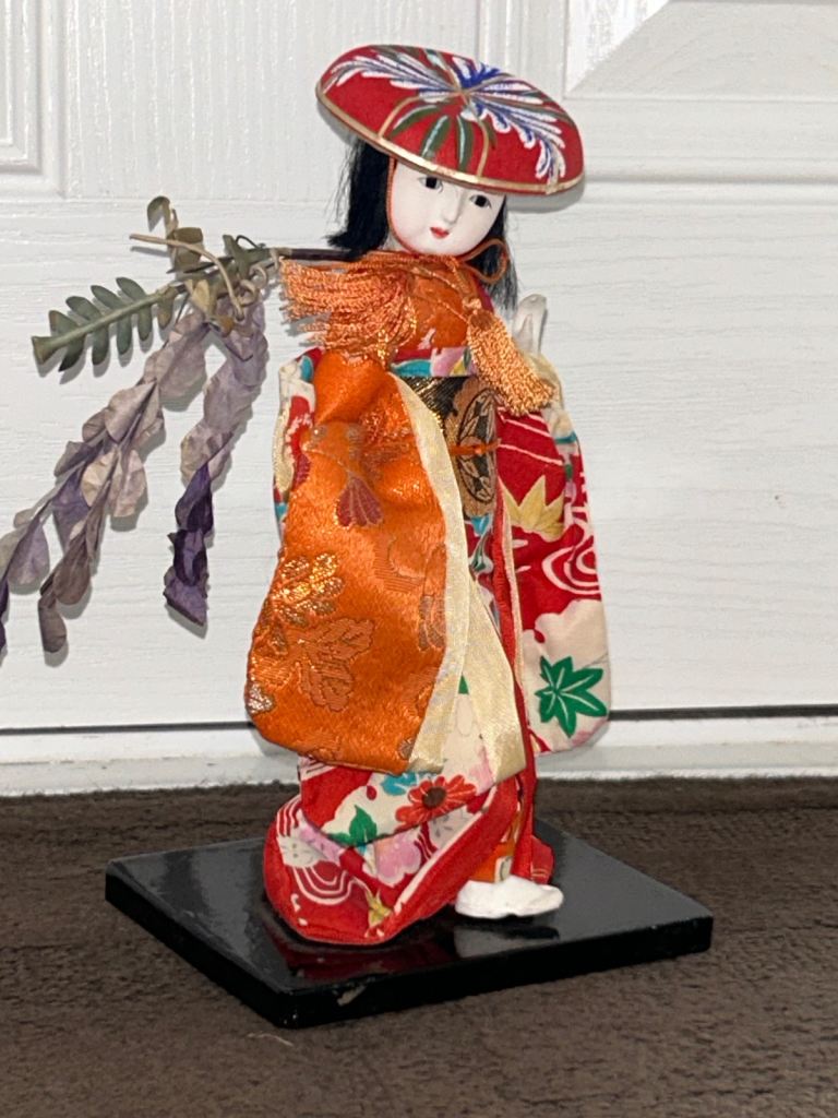 Japanese Hakata Geisha Kimono Doll With Wooden Base 