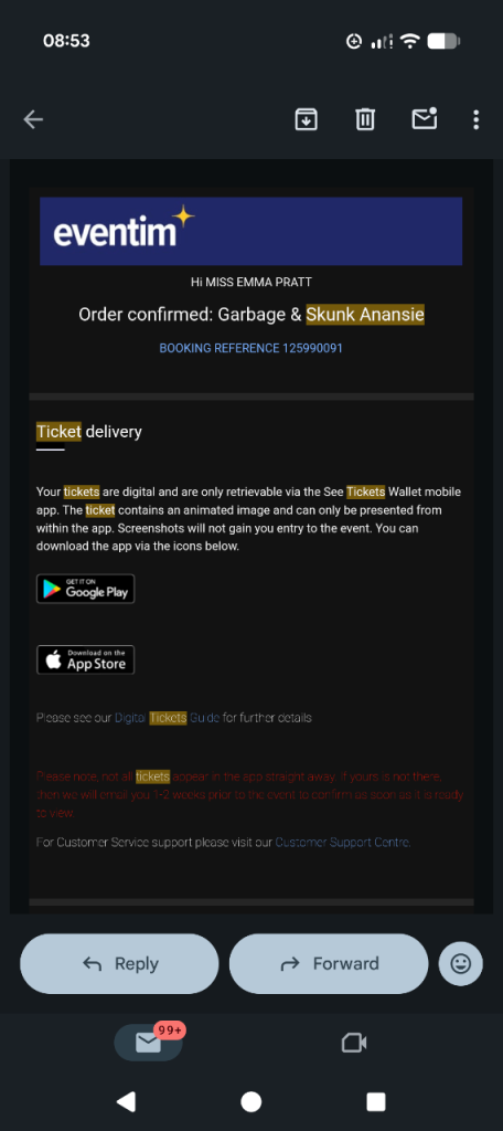 Skunk Anansie Ticket X1