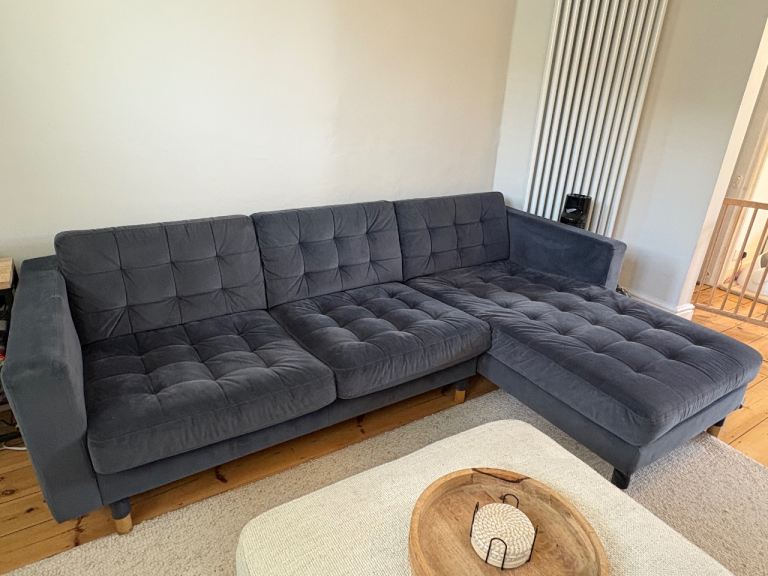 IKEA LANDSKRONA Grey Velvet Corner Sofa with Chaise Lounge – Good Condition