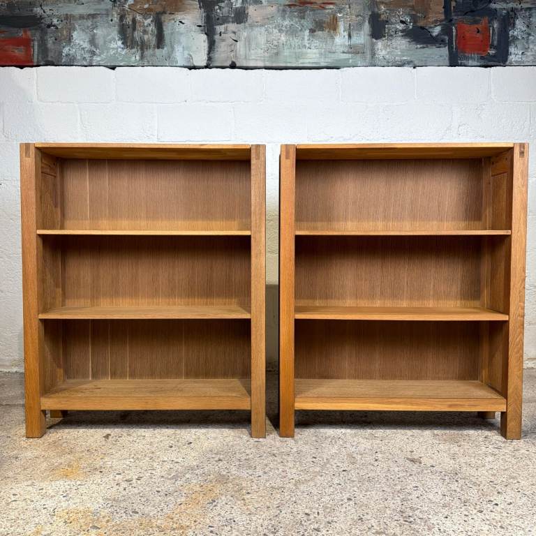 Pair Solid Oak Bookcases 3 Shelf Modern Display Storage Bookshelves