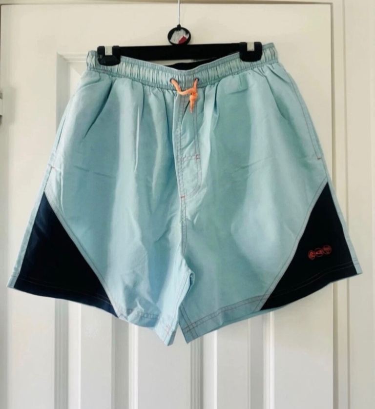 George Mens blue swim shorts trunks with black triangular panels on the sides Mesh lined - M