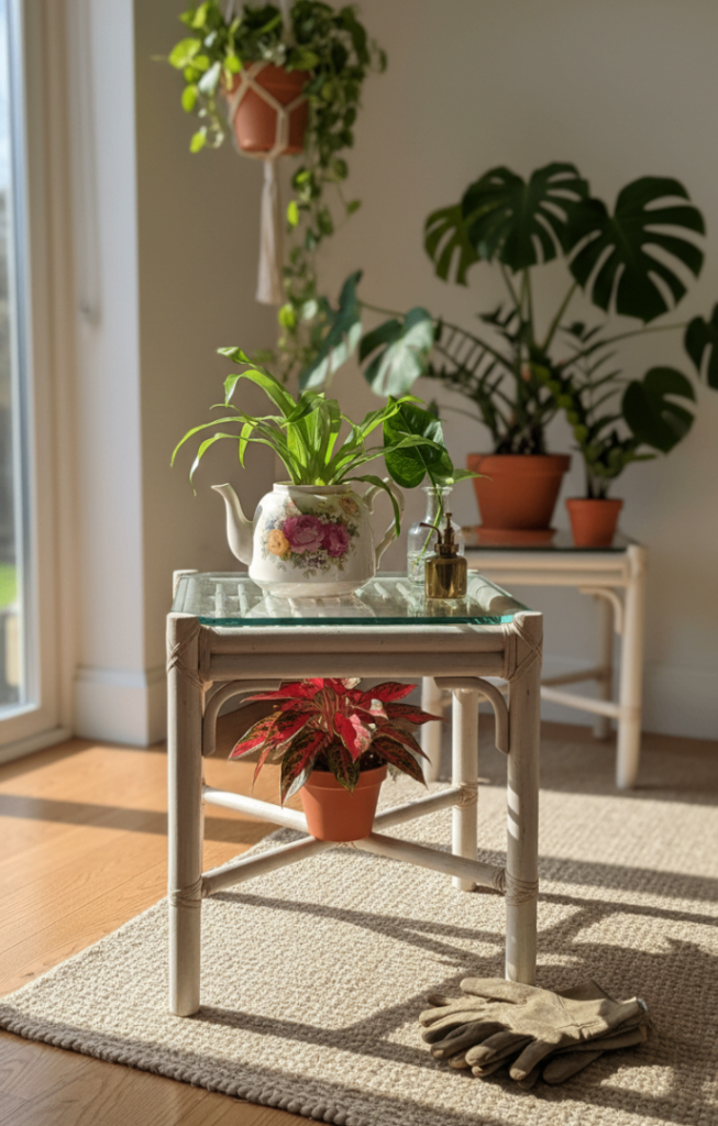 ​Vintage Bamboo plant stand Attr. to Angraves of Thurmaston | Bevelled Glass Top |  MCM