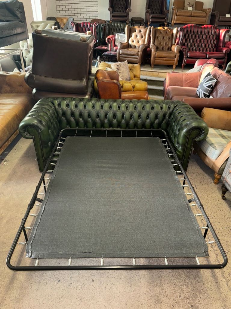 Chesterfield green real leather 3 seater sofa bed