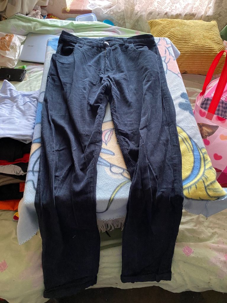 Dark Blue Corduroy Trousers With Chicken Pattern Pockets Size 34 Waist