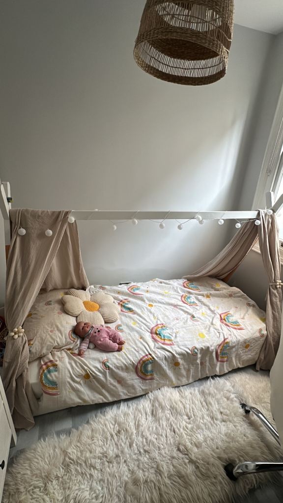 White Kids' Canopy Bed with Mattress and Fairy Lights