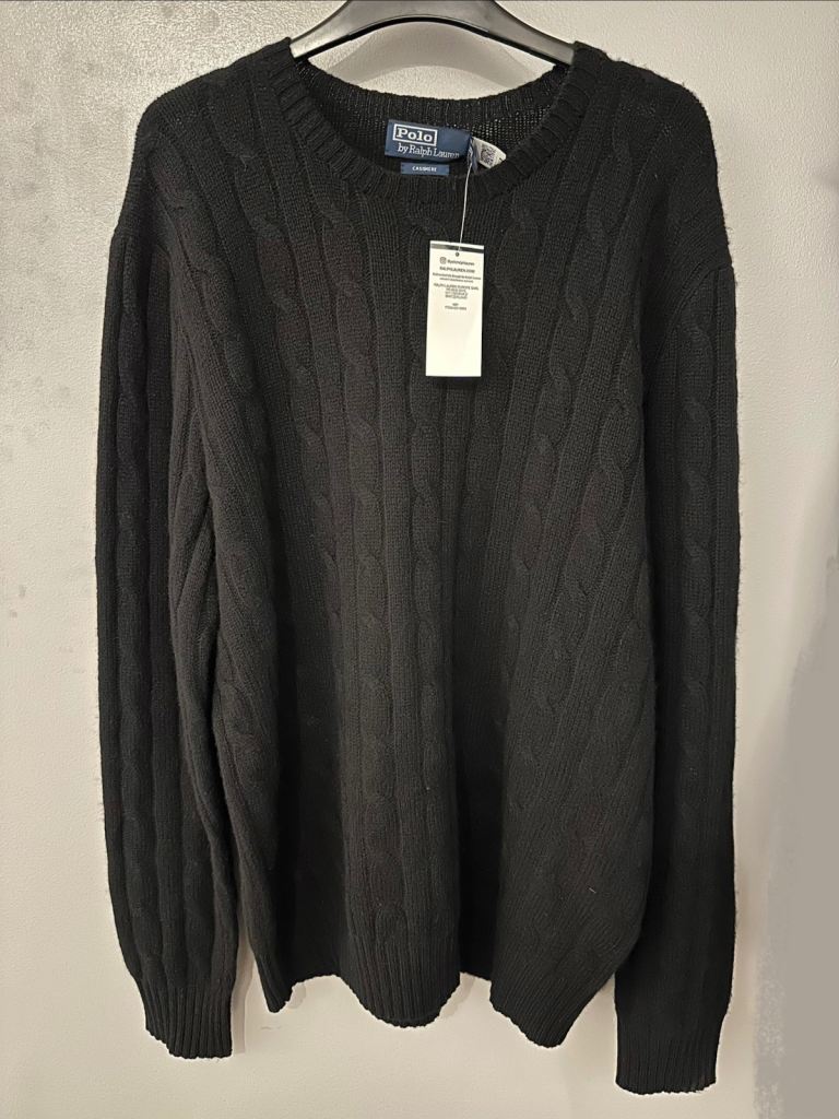Polo Ralph Lauren The Iconic Cable Knit Jumper Black Pullover Cashmere Sweater Size XL