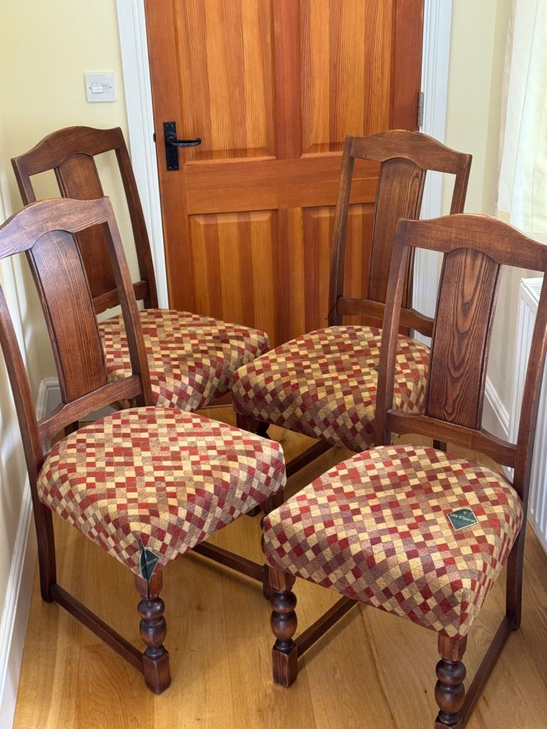 image for Set of 4x Dining Chairs - Solid Wood With Upholstered Harlequin Seats Wood Old Charm