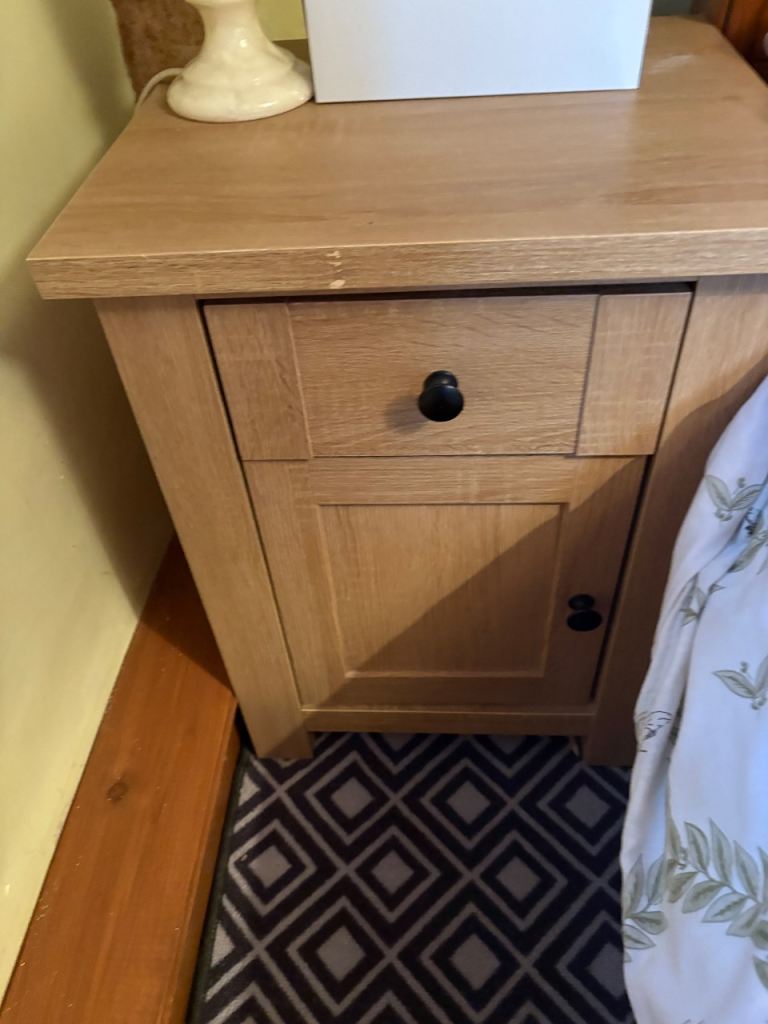 **RESERVED** Oak Effect Bedside Table with Drawer and Cupboard – Fair Condition