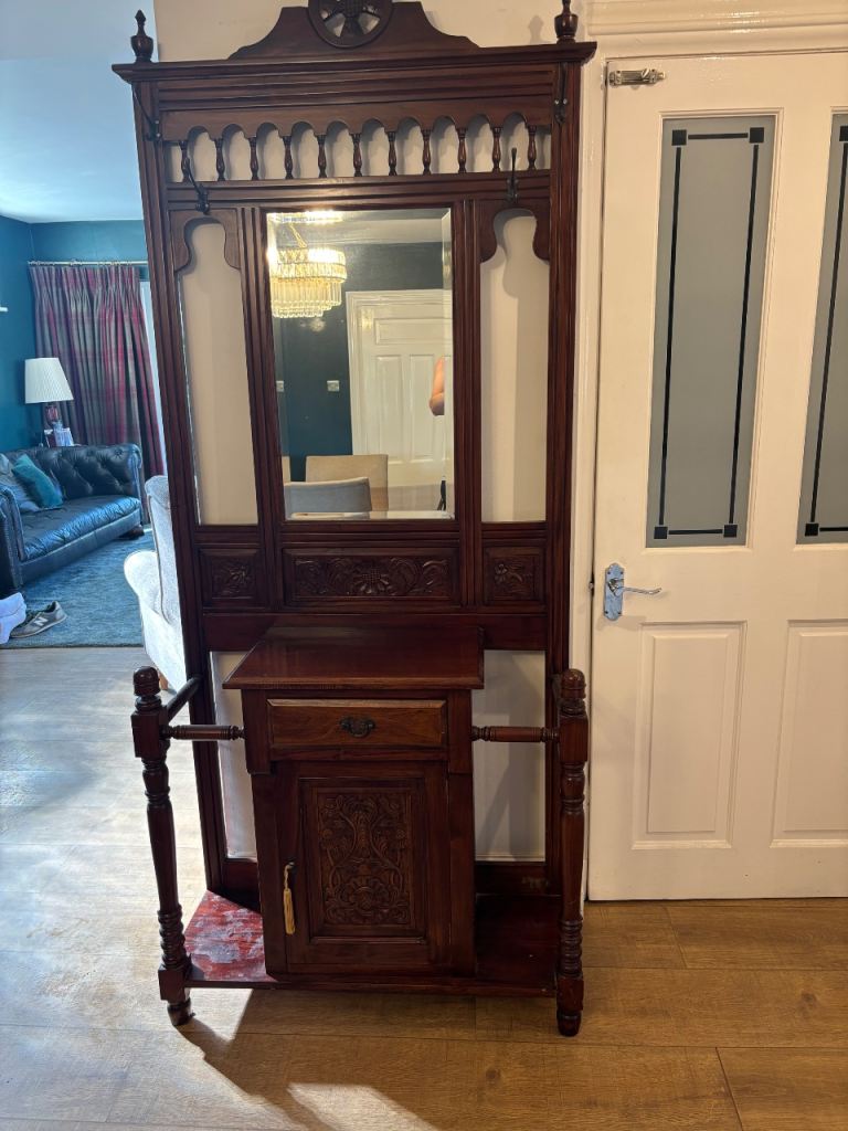 Antique Victorian Hall Stand | Solid Wood | Mirror, Coat Hooks & Storage