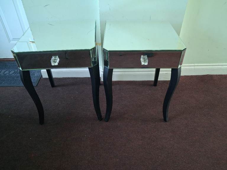 Pair of Mirrored Bedside Tables with Crystal Handles