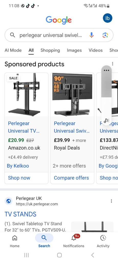 Perlegear universal swivel tv stand