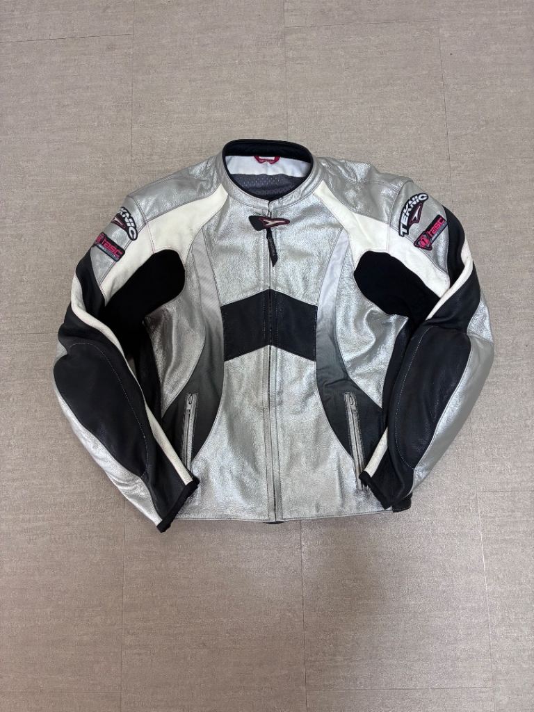 Teknic Chicane Leather Motorcycle Jacket Sliver and Black Size UK 46