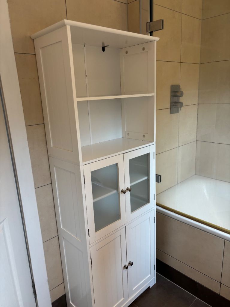 White Bathroom Cabinet with Glass Doors and Shelves