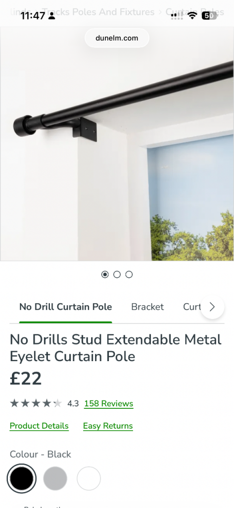 3 x Dunelm No Drill Extendable Curtain Poles – Black – Brand New