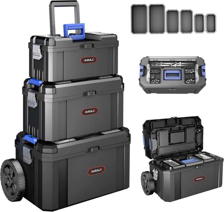 3 IN 1 Rolling Tool Box on Wheels, Modular Stackable Storage System, Top Small Parts Organiser