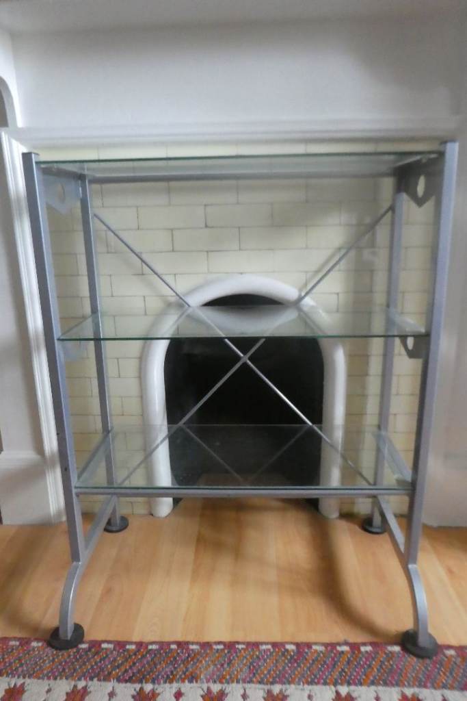Silver Metal & Glass Shelving Unit – Good Condition
