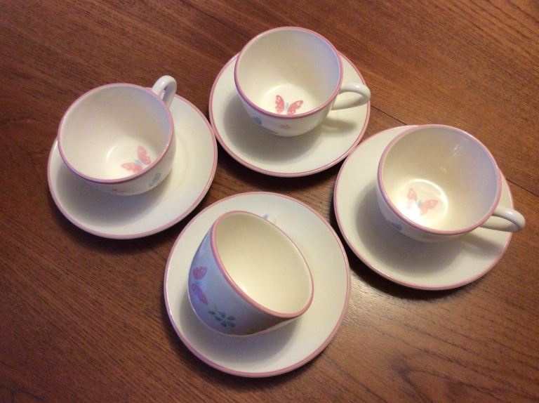 Set of 4 White/Cream and Pink Butterfly Cups and Saucers