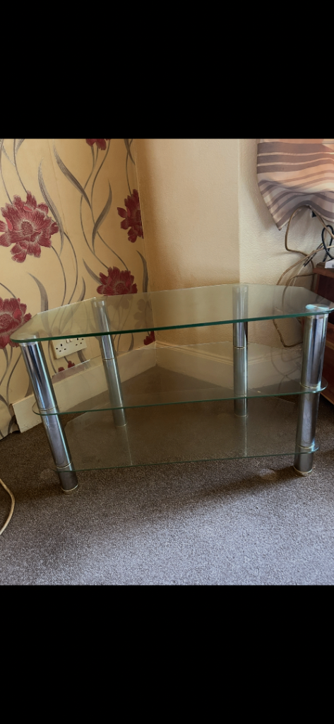Glass TV Stand with Chrome Legs – Good Condition