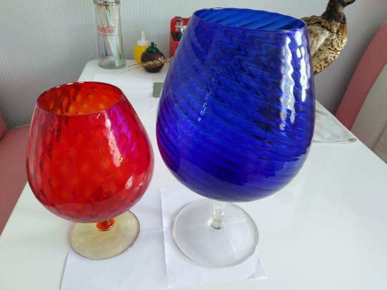LARGE Ornamental BRANDY Goblets Balloon Glass Vases BLUE SWIRL & RED BUBBLE LOOK