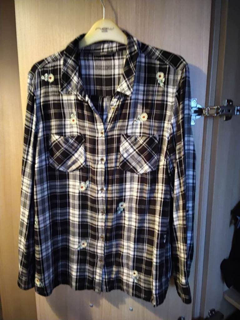 George Black & White Plaid Blouse with Brooches