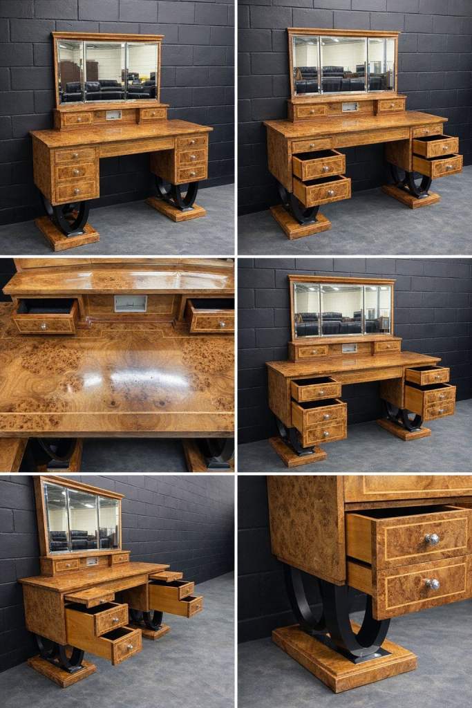 Art Deco Burr Walnut Dressing Table with Triple Mirror – Good Condition