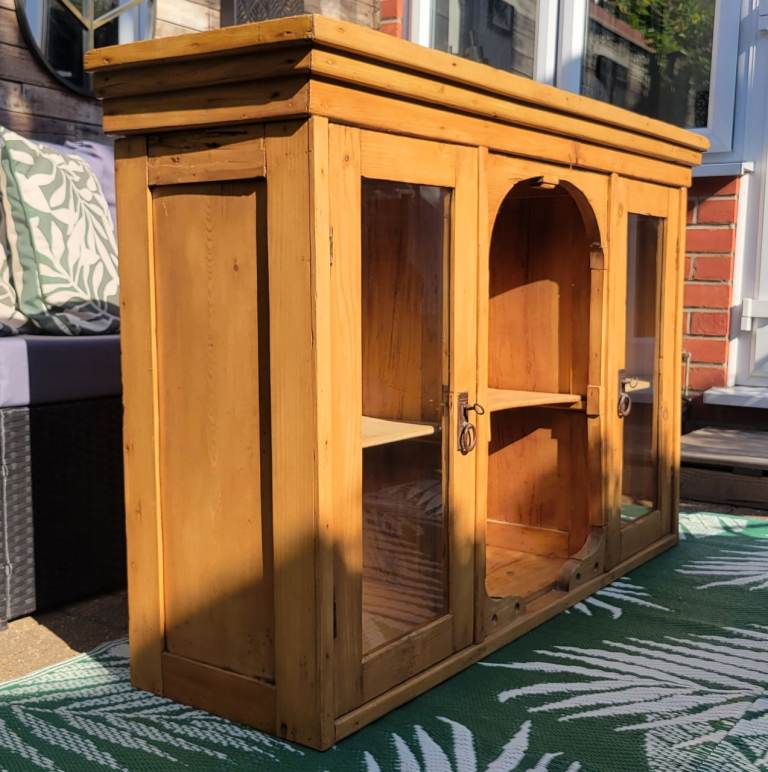 Reclaimed Pine Wood Display Cabinet with Glass Doors