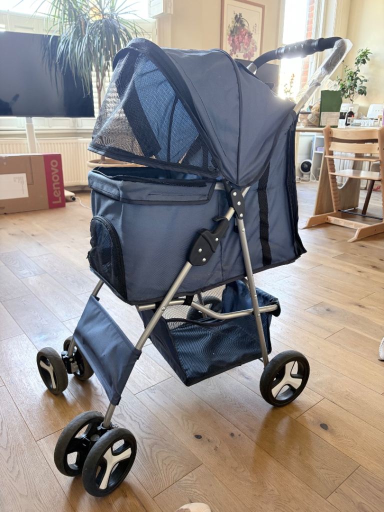 Pet Stroller for Small Dogs & Cats – 4 Wheel, Foldable, Navy – Like New