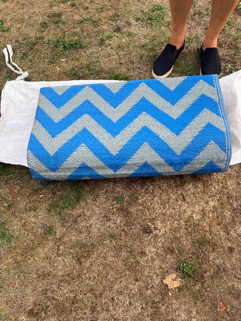 Blue and Grey Chevron Pattern Outdoor Rug 6m x 2.4m