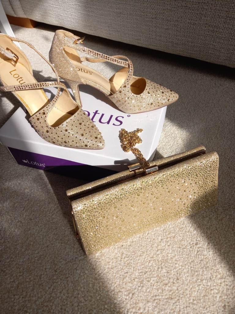 Lotus Gold Diamante Heels and Matching Clutch Bag – Size 3