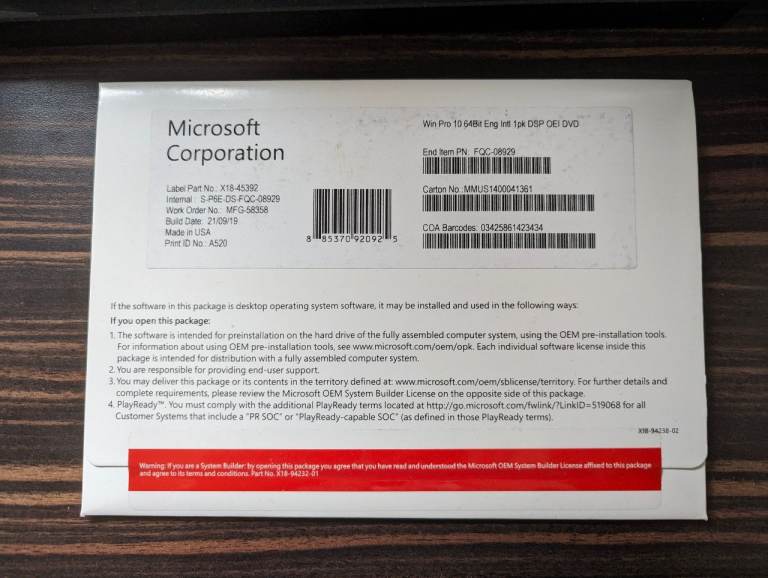 Microsoft Windows 10 Pro OEM DVD - New, Unused
