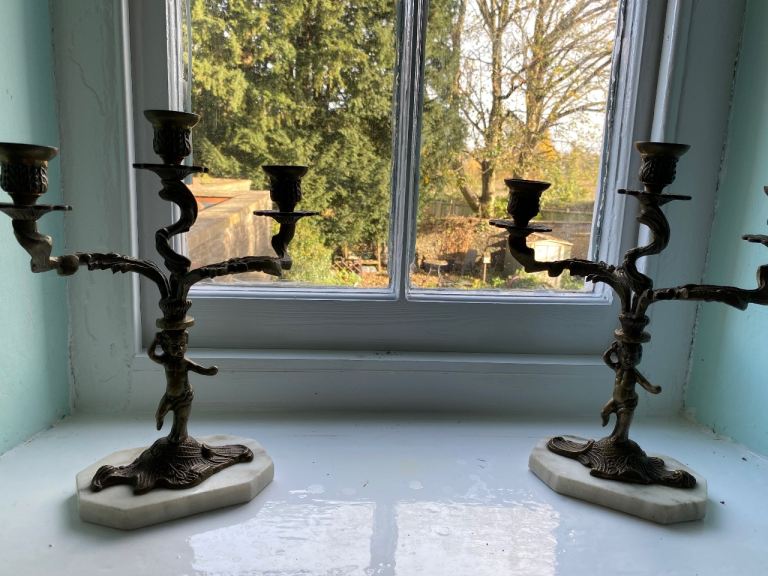 Vintage Rococo Style Brass Cherub Candelabras Pair 3-Light Marble Base Putti