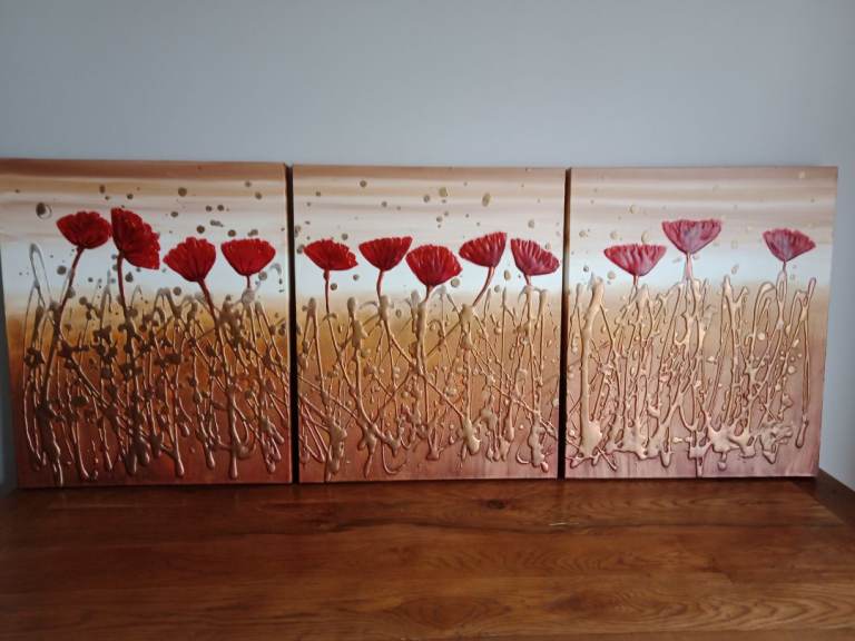 Set of 3 Poppy Canvas Paintings - Original Red & Gold Textured Art by Amanda Dagg